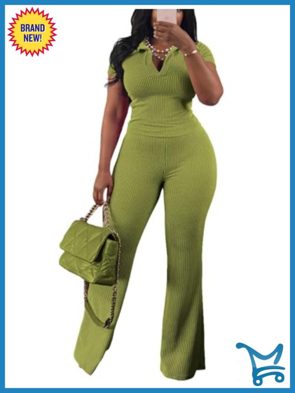Ribbed V Neck Polo Top & Flare Pants Lounge Set Tracksuit